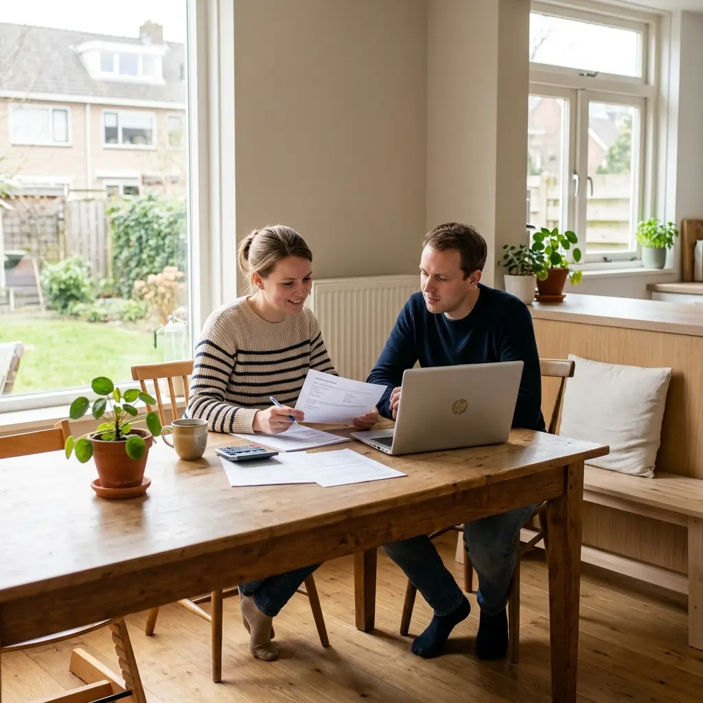 Stel bekijkt hypotheekdocumenten aan de keukentafel