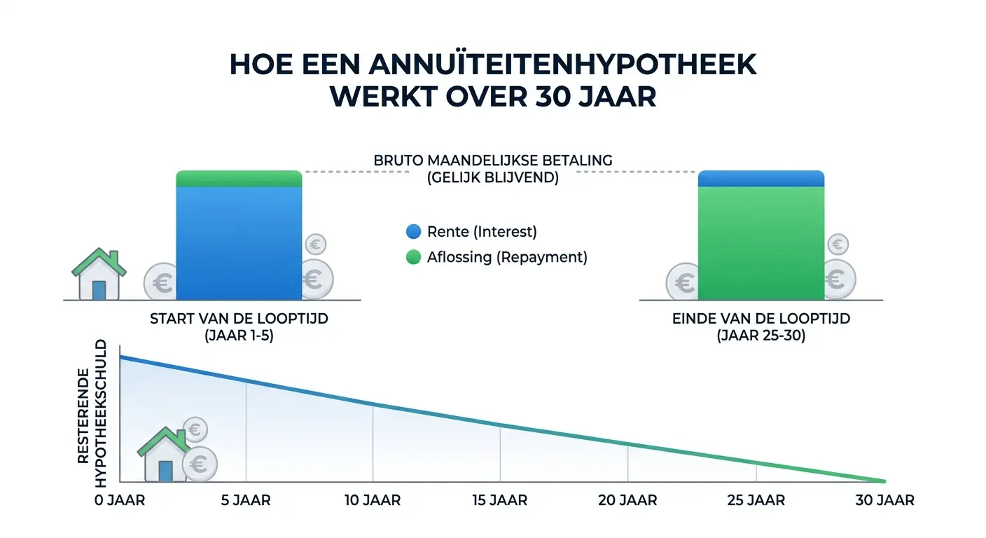 Infographic: hoe een annuïteitenhypotheek werkt over 30 jaar — verhouding rente en aflossing verschuift, schuld daalt naar nul