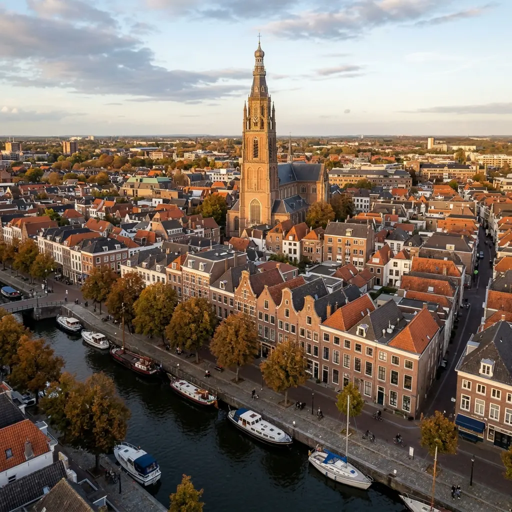 Luchtfoto van Breda met de Grote Kerk en het stadscentrum