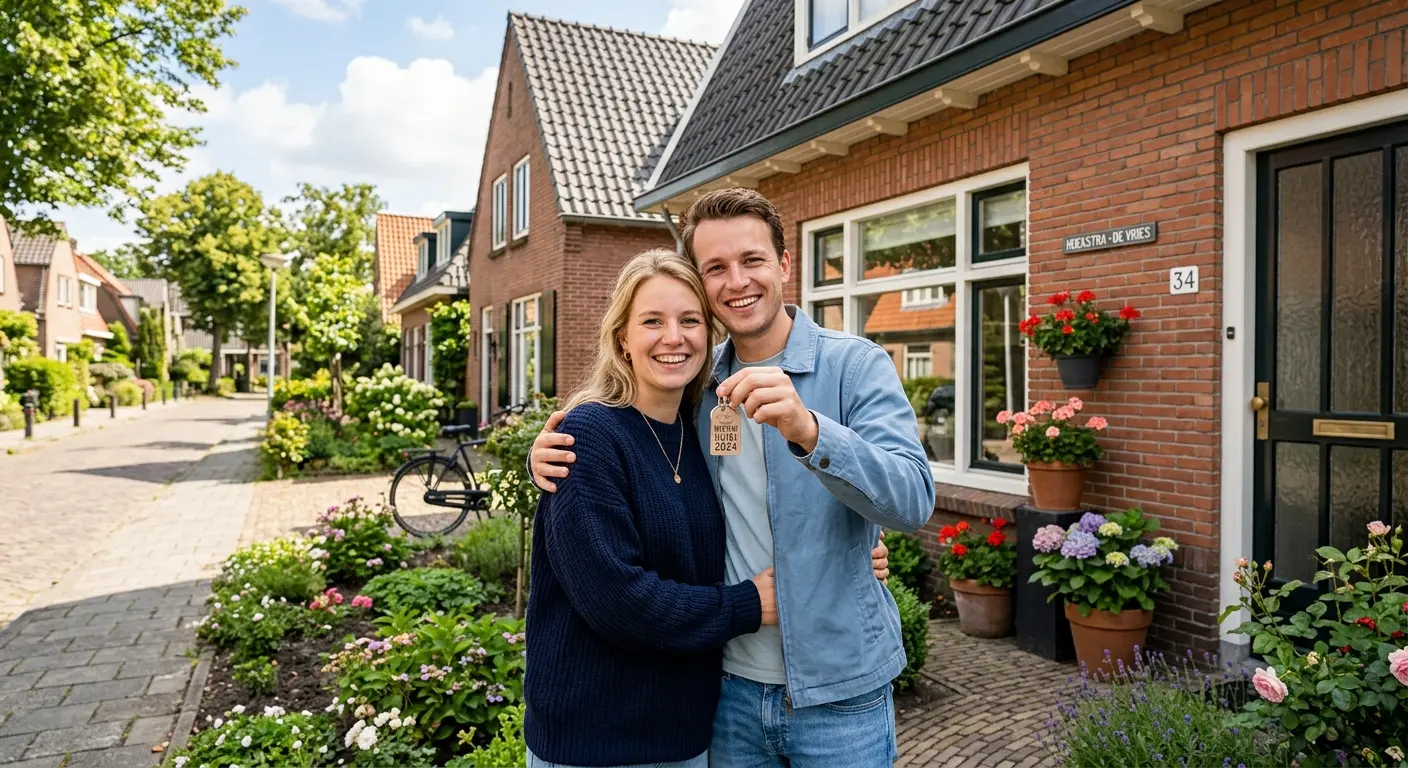 Stel staat blij voor hun nieuwe huis met de sleutel in de hand