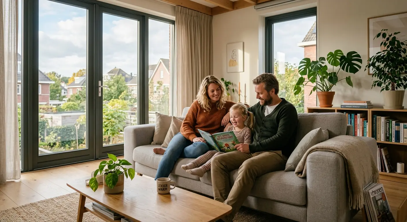 Gezin in comfortabele, goed geïsoleerde Nederlandse woning