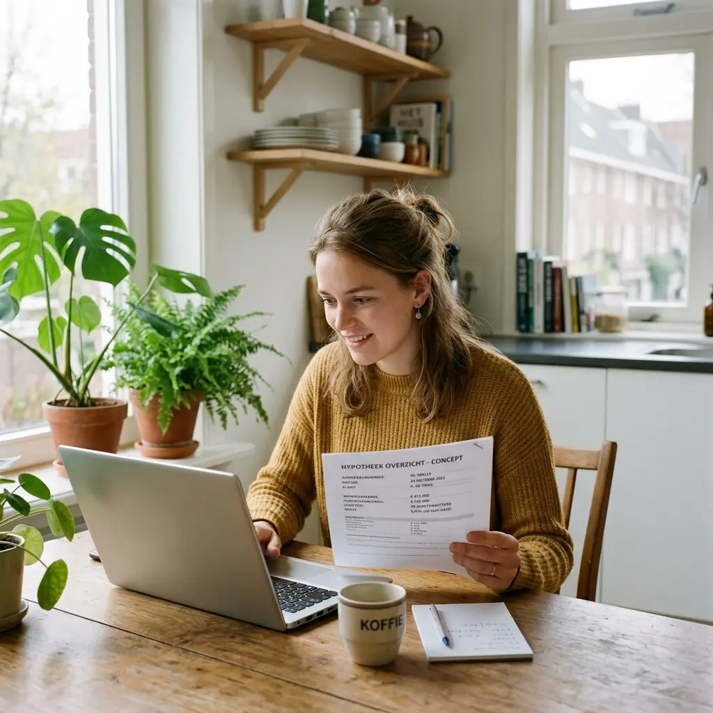 Starter bekijkt hypotheekoverzicht op laptop