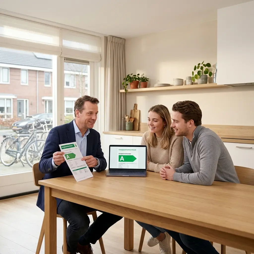 Adviseur legt energielabel uit aan klant bij hypotheekadvies