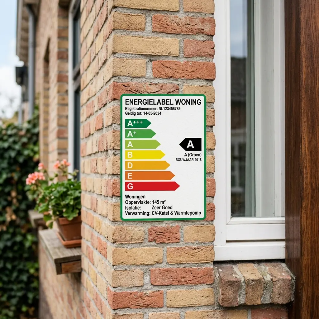 Energielabel sticker met kleurenschaal van A tot G op een huis
