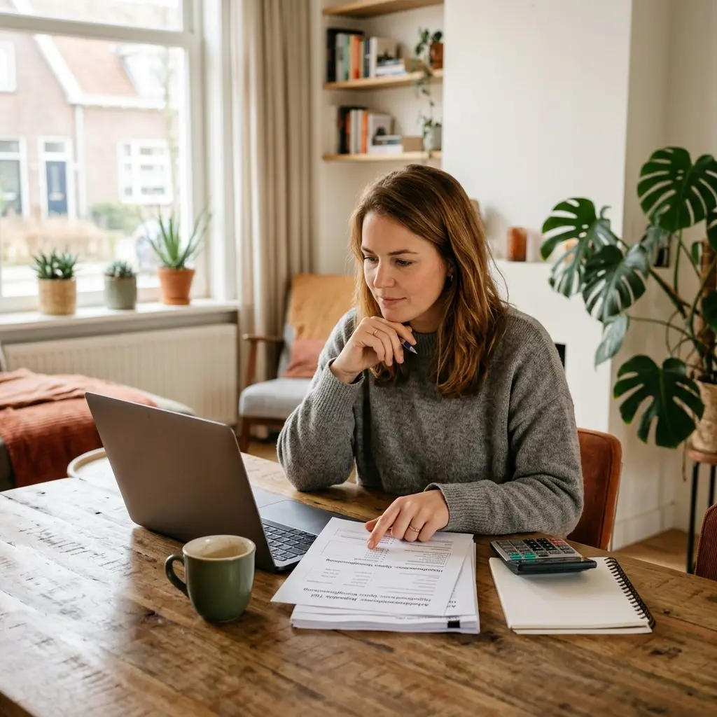 Flexwerker bekijkt hypotheekmogelijkheden op laptop thuis