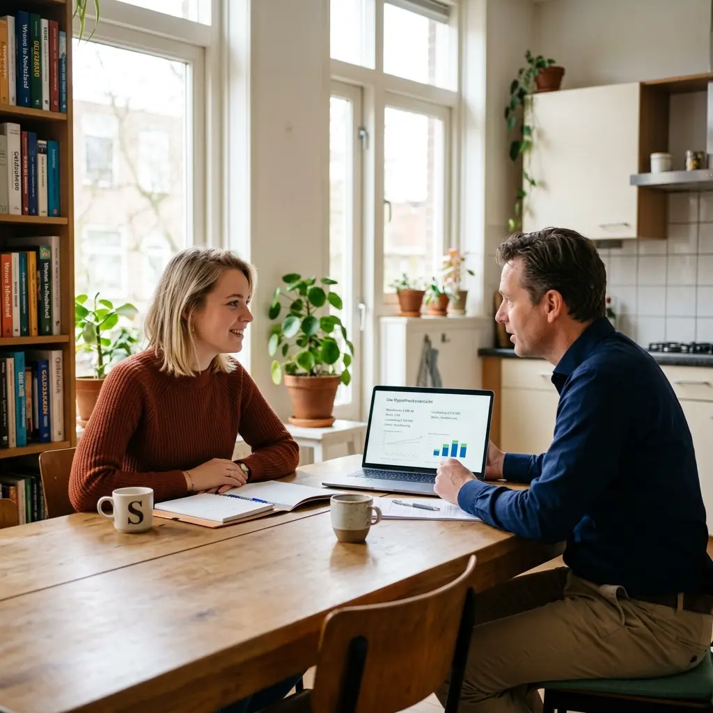 Jonge professional met tijdelijk contract bespreekt hypotheek met adviseur