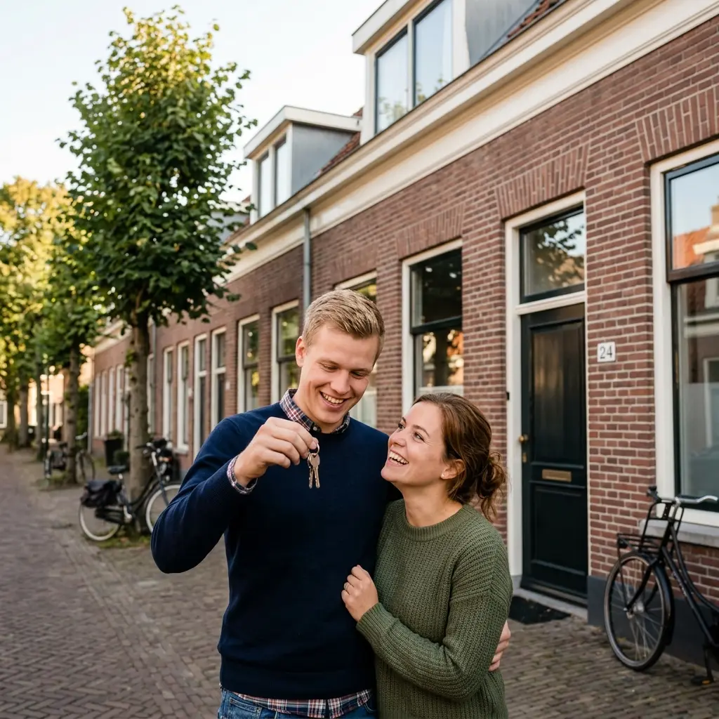 Jong stel staat voor een Nederlandse rijtjeswoning in Zwolle