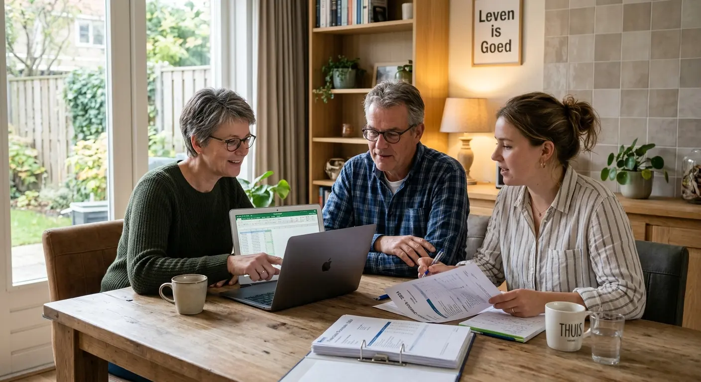Ouders en dochter bespreken schenkingsovereenkomst aan tafel