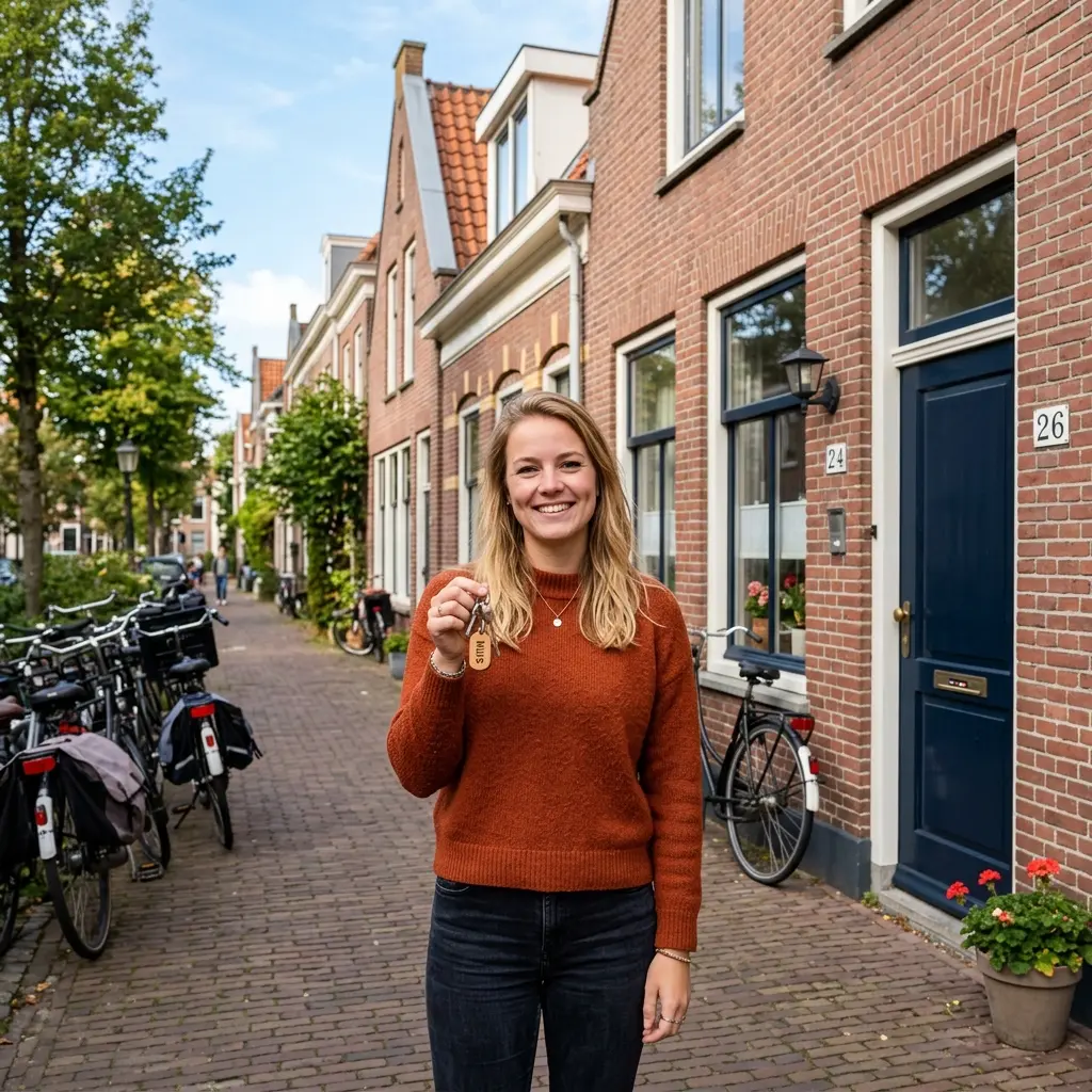 Starter voor haar eerste gekochte woning met sleutels in de hand