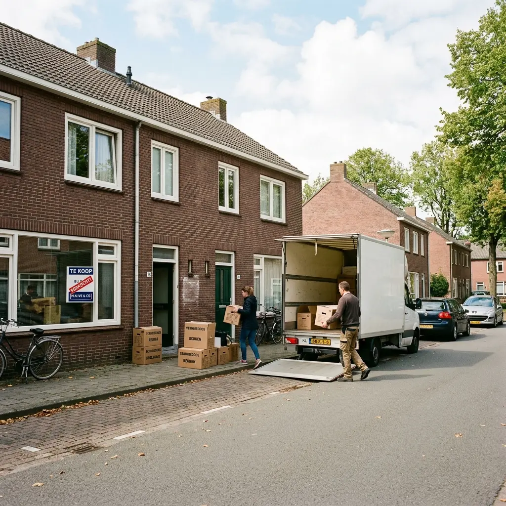 Nederlandse woning met verhuisdozen bij de voordeur