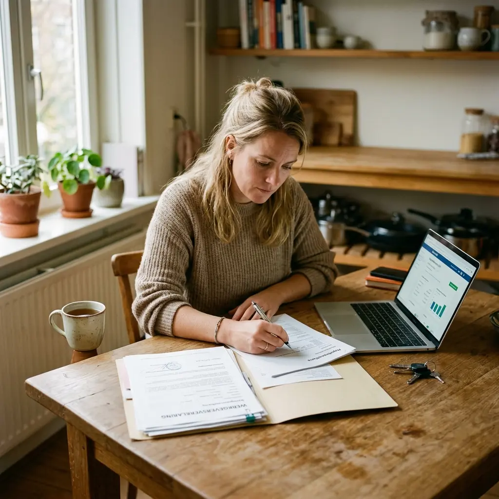 Persoon bekijkt werkgeversverklaring voor hypotheekaanvraag aan keukentafel